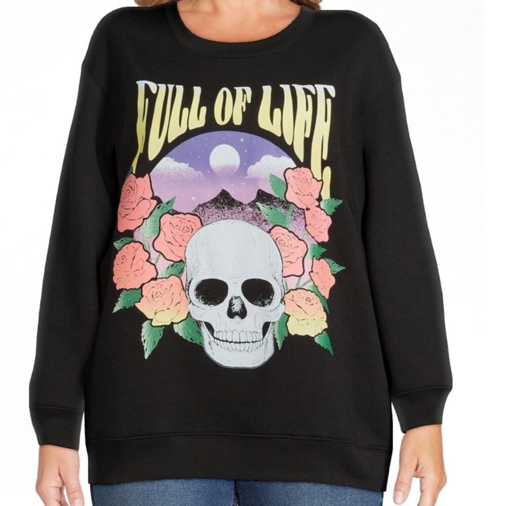 Wound Up Black Sweatshirt Women’s “Full Of Life“ Size XL (15-17) Skull Pink Rose